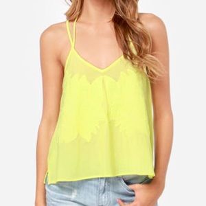 Lush Neon Yellow Mesh & Floral Strappy Tank Top size Medium